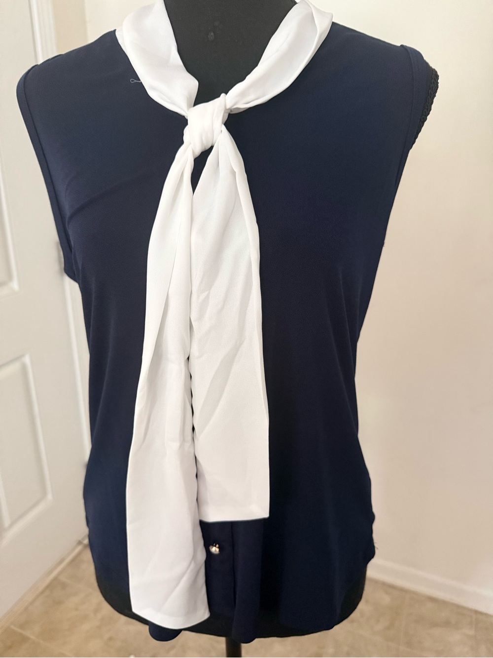 Adrianna Papell Navy Top with White Tie-Neck Scarf